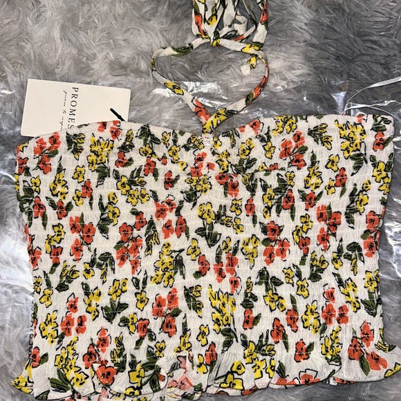 Promesa Tops - Promesa Smocked Floral Halter Crop Top - White with Yellow Green & Coral - NWT